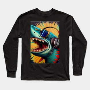 Psychedelic Shark with Sunglasses and Headphones Long Sleeve T-Shirt